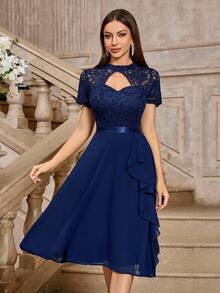 MIUSOL Floral Lace High Neck Side Ruffle Chiffon Cocktail Party Swing Dress Summer - Navy Blue - View 7