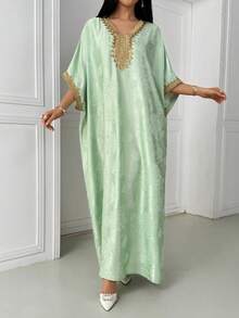 Women's Elegant Patchwork Gold Ribbon V-Neck Loose Mint Satin Arabic Abaya, Luxury Kaftan & Jalabiya,Wedding Party Dress,Wedding Guest Outfit,Summer Holiday Outfits - Mint Green - View 4