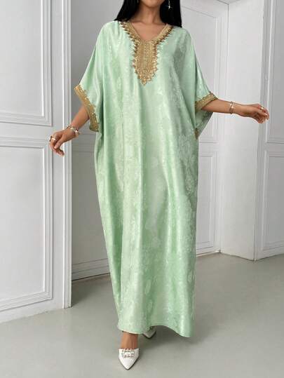 Women's Elegant Mint Green Satin V-Neck Loose Arabic Robe, Luxury Abaya And Jalabiya, Wedding Party Gown, Wedding Guest Attire, Summer Holiday Wear Spring