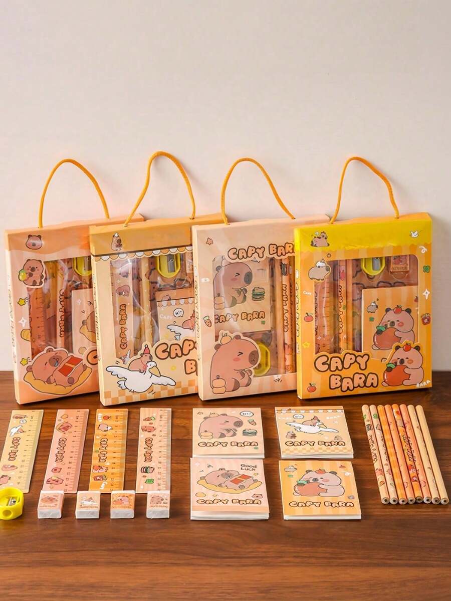 Juego de regalo de papelería de 6 piezas Capy Bara - Juego de arte/garabato/escritura de lujo con regla, 2 lápices, sacapuntas, goma de borrar y cuaderno (diseños vibrantes de capibara, asignación de color al azar, perfecto para niños, niñas, vuelta al colegio, cumpleaños, recompensa en el aula, DIY diario y creatividad (incluye caja de regalo))