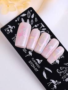 1pc Flamingos Feather Nail Art Stamping Plate, Letter Summer Pattern Design Y2K Style Printing Template Nail Art Accessory Tool, DIY Manicure Salon, Nail Supply - Silver - View 3
