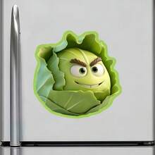 Mischievous Cabbage Buddy Magnet With Raised Eyebrow Smirk: Squinting Eyes, Showing Two Teeth In A Smug Expression, Layered Leaf Texture, Light Green Outline, Sticker-Style Edge - Brings A Playful Prank To Your Kitchen - I - View 4