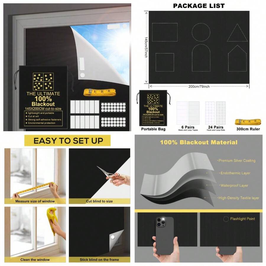 Portable Blackout Shades (79" X 57") Window Curtains, 100% Blackout Material Temporary Blinds For Baby Nursery, Bedroom, Dorm Room, Office Or Travel Use - 57"W X 78.7"L (Pack Of 1) - View 1