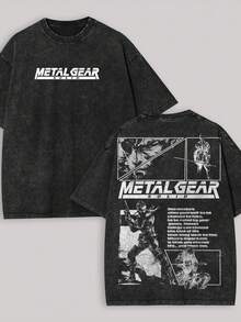 2026 Men's Round Neck Casual Washed T-Shirt, 100% Cotton, "Metal Gear" Pattern Print And Text, Machine Washable, Comfortable, Suitable For Spring, Summer, Autumn, And Winter, Lightweight And Breathable, Fan Merchandise, Y2K Style, Loose Fit, High-Quality Promotion, Popular Anime Products, White Tops, Valentines Day Outfit, Mardi Gras, Summer Tops,   For Women, Valentine Outfits For Women, Women Tops, Fairycore, Superbowl, Elegant Women's Clothing - 黑色 - 查看 1