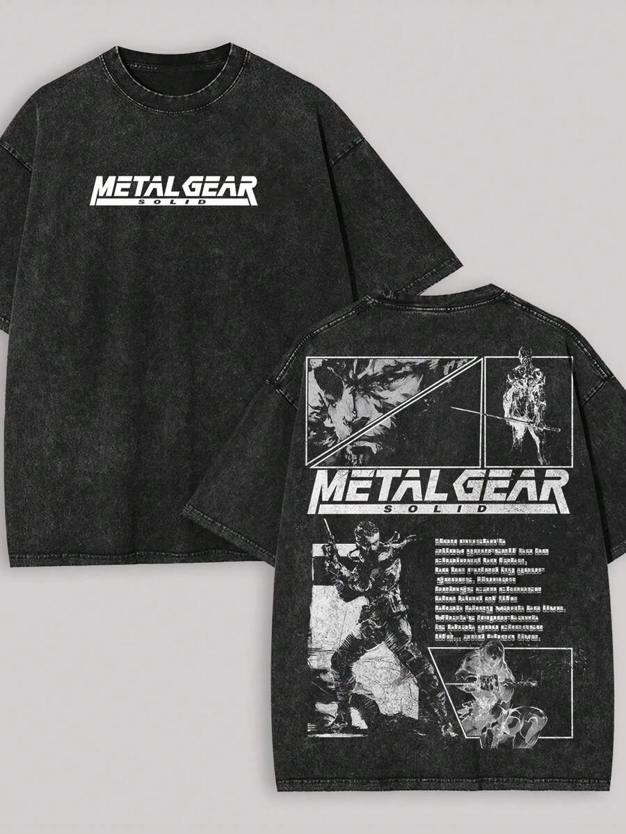 2026 Men's Round Neck Casual Washed T-Shirt, 100% Cotton, "Metal Gear" Pattern Print And Text, Machine Washable, Comfortable, Suitable For Spring, Summer, Autumn, And Winter, Lightweight And Breathable, Fan Merchandise, Y2K Style, Loose Fit, High-Quality Promotion, Popular Anime Products, White Tops, Valentines Day Outfit, Mardi Gras, Summer Tops, For Women, Valentine Outfits For Women, Women Tops, Fairycore, Superbowl, Elegant Women's Clothing - 黑色 - 查看 1
