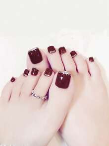 24片酒红色短方形闪亮水钻全覆盖式按压式脚趾甲，包含1个指甲锉和1卷胶带，女士美甲用品 - 酒紅色 - 查看 7