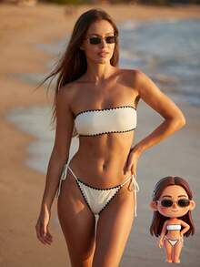 Women's Vintage Ruffle Bandeau Tie-Up 2 Pieces Bikini - Elegant Beige Beach Swimsuit, Radiating Vacation Vibe - Beige - View 8