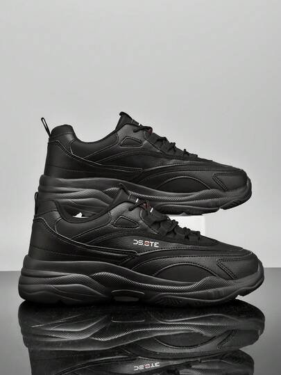 STARNOVO Men's Sports Shoes, Men's Outdoor Sports Chunky Sneakers, All-Black Leather Patchwork Lace-Up Design, Comfortable Moisture-Wicking Breathable Lining, Suitable For Outdoor Sports, Tennis, Running, Etc. Available In Black And White