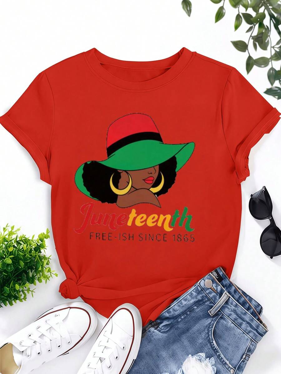 Juneteenth-Ish Since 1865 Stylized Curly Hair Wide Brimmed Hat Gold Hoop Earrings Red Lipstick Graphic Shirt Casual Crew Neck Cotton Tee Summer Breathable Cute Casual Style Versatile Casual Style Juneteenth - 紅色 - 查看 1