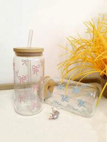 1Pc Transparent Reusable Glass Cup With Bowknot Pattern Bamboo Lid & Straw Large Capacity Outdoor Travel Beverage Juice Cup Summer Winter Use Birthday Holiday Gift Home Kitchen Supplies New Year Valentine's Day Mother's Day Father's Day Summer Graduation Back To School Gifts - Multicolor - View 6