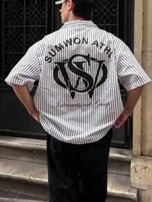 Men's Street Style Striped Shirt, Loose Fit Black & White Fine Stripe Shirt, Retro Letter Graphic Top, Fashionable Streetwear - Multicolor - View 4