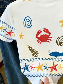 女士休闲圆领短袖T恤，饰有贝壳、螃蟹、海星印花，适合夏季海滩度假穿着 - 彩色 - 查看 4