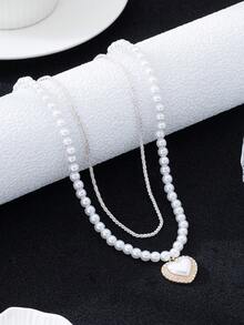 Double Layered Chain Necklace - Heart Pendant With Elegant Charm Of Fashionable Beaded Chain Double Layered Necklace Suitable For Girl's Daily Leisure Matching Classic Style (No Gift Box) - Multicolor - View 7