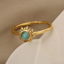 Accesorio de moda con un diseño único retro y moderno, con un girasol incrustado con piedra de ojo de gato, anillo abierto ajustable - J2221 - Oro - Ver 5