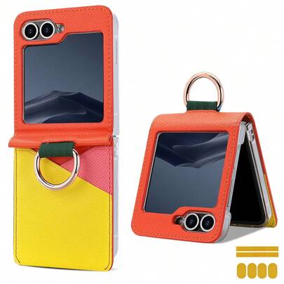 VIETAO Colorful Blocking Faux Leather Finger Ring Holder Mobile Phone Case Compatible With Samsung Galaxy Z Flip 3 4 5 6 5g Phone Cover