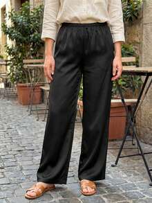 Pantalones para Mujer Marrón Sólidos, Cintura Elástica y Pierna Ancha Larga, Elegantes para Uso Casual y Fin de Semana en Verano - Negro - Ver 9
