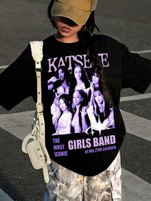 Spring And Autumn Round Neck Short Sleeves For Girls - KATSEYE Members - Printed Pattern Design Round Neck T-Shirt, Pattern T-Shirt Pullover, Girls' Top, 180g Polyester Soft Fabric, Suitable For Giving Gifts To Children For Back To School, Parties, Outdoors, Travel Wear - màu đen - Xem 2