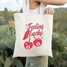 帆布手提包，樱桃蝴蝶结设计，时尚休闲手提包，适合日常使用，可机洗，耐用帆布材质 - 彩色 - 查看 8