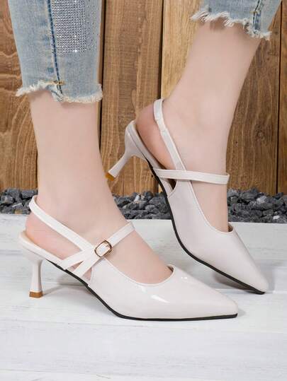 Women's Summer Strap Pointed Toe High Heel Sandals, Backless Glossy Leather Dress Shoes