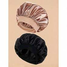 2pcs/1pc Silk Sleep Cap, Satin Hair Cap, Women Wide Brim High Elasticity Cap, Charmeuse Sleep Cap, High-End Satin Hair Care Cap, Curly Hair Silk Headband (Black & Gold) - 彩色 - 查看 2