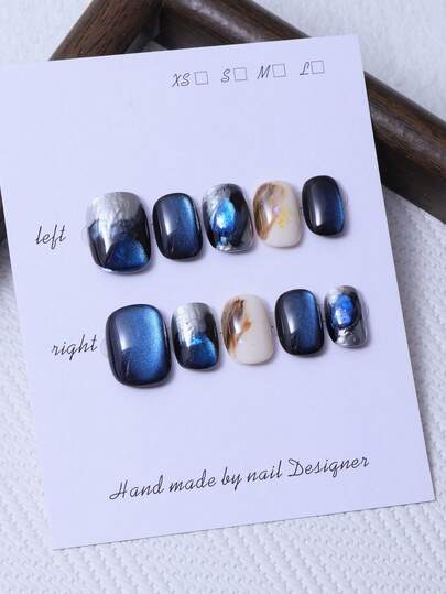 Set de 10 piezas de uñas postizas redondas y cortas en estilo azul Y2K, con diseño de ojo de gato pintado a mano con degradado y brillos finos. Incluye 1 pieza de gel de gelatina y 1 lima de uñas. Perfecto para la vida diaria y disfraces en el festival de música Coachella. Uñas postizas hechas a mano.