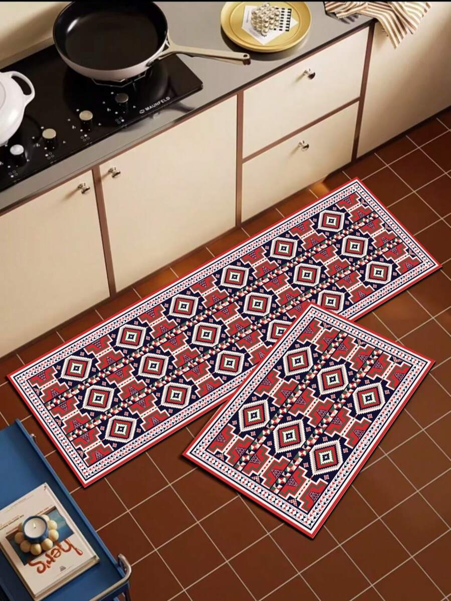 1pc Silicone Kitchen Mat, Featuring Classic Turkish Kilim/ Rug Pattern In Deep Navy Blue Background - Multicolor - View 1