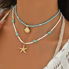2pcs Bohemian Style Ocean Themed Jewelry Set - Turquoise Blue Pendant Necklace And Choker Necklace, Handmade Alloy Artificial Starfish Shaped Ocean Theme Beaded Bracelet, Suitable For Beach Wedding, Party And Daily Wear - Multicolor - View 6