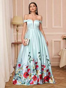 优雅露肩长款伴娘礼服，印花图案，无袖梭织面料设计 - 薄荷綠 - 查看 6