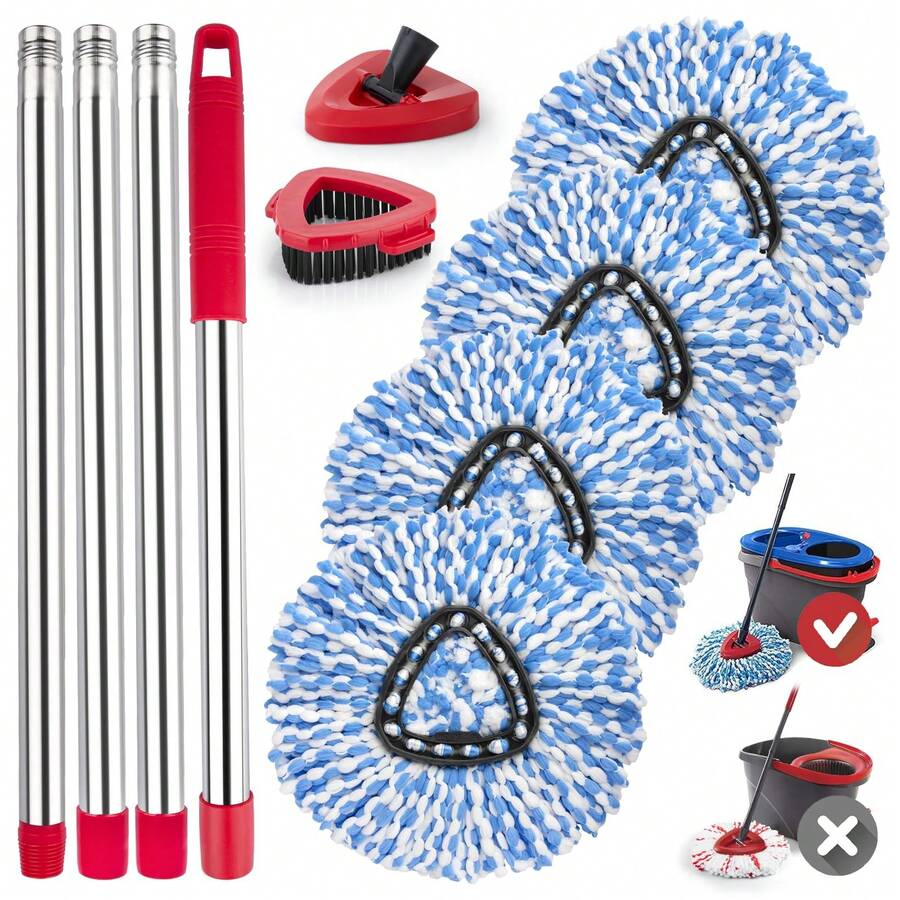 Spin Mop Replacement Head For O Cedar 2 Tank RinseClean, 4 Microfiber Mop Refill, 1 Scrub Brush, 1 Mop Stick, 1 Mops Base, Deep Cleaning, 30" To 58" Mop Handle Replacement - (4+1+1+1) PCS - Xem 1