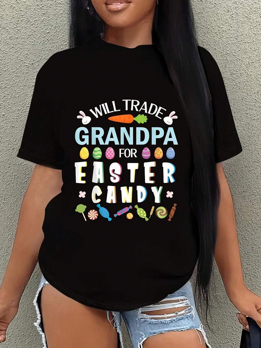 Cute Rabbit Face, Replace Grandpa With An Easter Candy Egg 1 Pcs Women's Plus Size T-Shirt Funny Oversized Graphic Short Sleeve Tee  100% Polyester 220g Novelty Shirt Casual Crew Neck Top - 黑色 - 查看 1