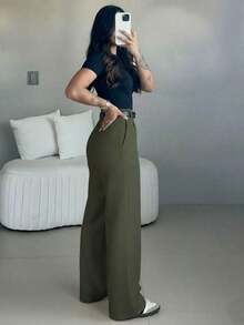 Women's High Waist Wide Leg Pants |   Spring Women's Clothing |   Casual Elegant Office Pants |   Spring Casual Wear |   Solid Color Loose Straight Bottoms |   Spring Apparel |   Women's Casual Wear |   Soft Comfortable Casual Pants |   Women's Casual Clothing |   Minimalist Fashion Workwear |   Casual Suit |   New Year Preparation |   Essential For Spring & Autumn, No Belt Included - 軍綠色 - 查看 6