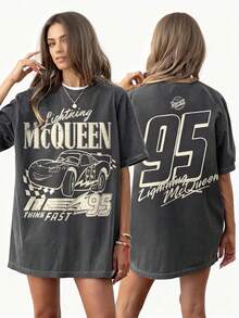Disney UNIHLO  Lightning McQueen  Printed Summer Heavyweight Retro Washed Street Fashion Casual T-Shirt - 黑色 - 查看 2