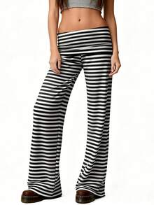 Lounge Yoga Pants For Women Fold Over Low Waist Wide Leg Sweatpants Flare Leggings Bell Bottoms Y2K Foldover Pants - 黑白條紋 - 查看 6