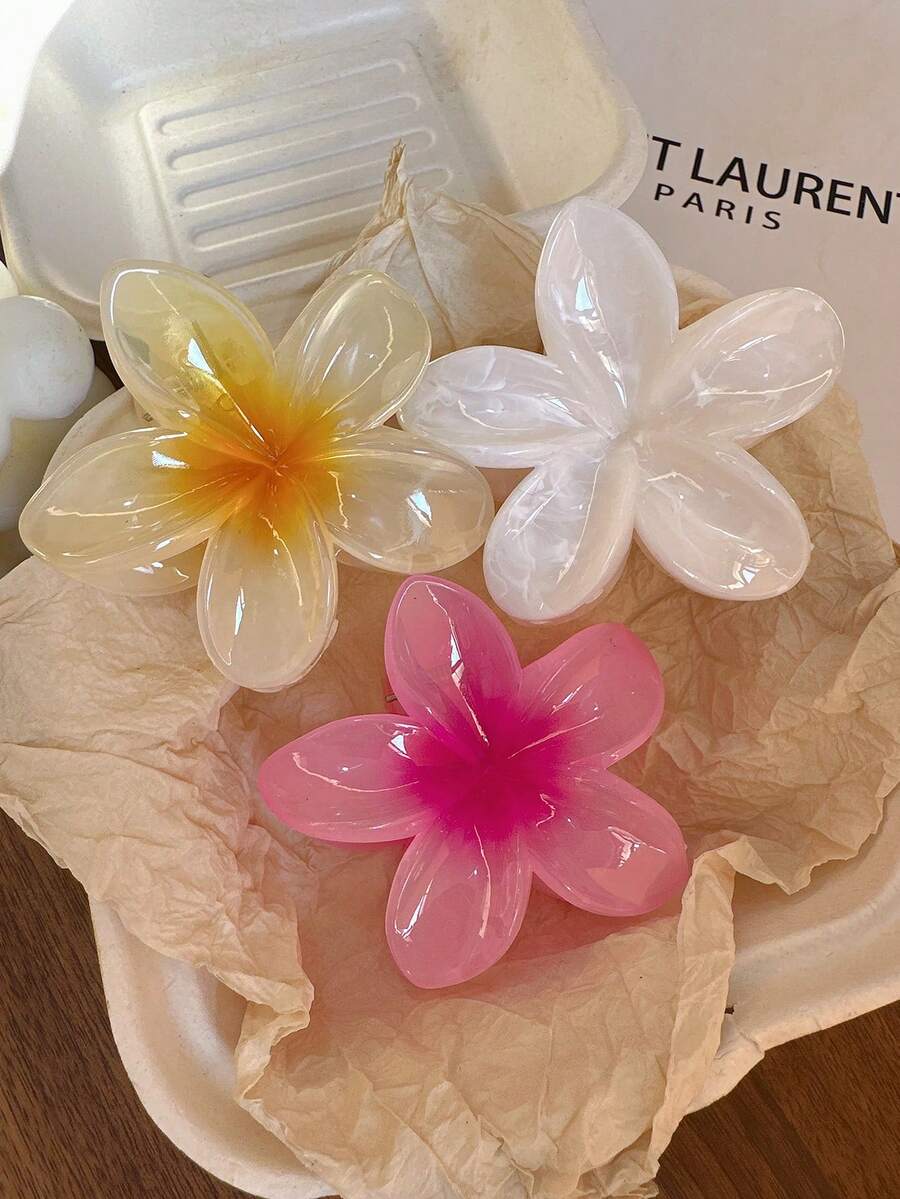 3个/套，8厘米/3.15英寸渐变花朵设计发夹，渐变粉色、渐变黄色和仿珍珠白，适合女性，优雅简约，百搭，适合日常、派对、工作装扮、返校季、校园配饰、发夹、学生用品、假日装扮、夏季发饰、沙滩发夹、度假夏季沙滩发夹 - 彩色 - 查看 1