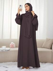 1pc Soft Dress With Attached Hijab, Floral Sleeve Design, Classic Versatile Abaya Spring - Multicolor - View 31