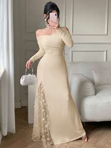 abyoxi 杏色女士长袖露肩修身连衣裙，3D立体花卉图案，网纱拼接，高开衩设计，性感优雅，复古迷人，适合浪漫约会、情人节、新年派对、正式晚宴、春夏秋季穿着。 - 杏色 - 查看 1