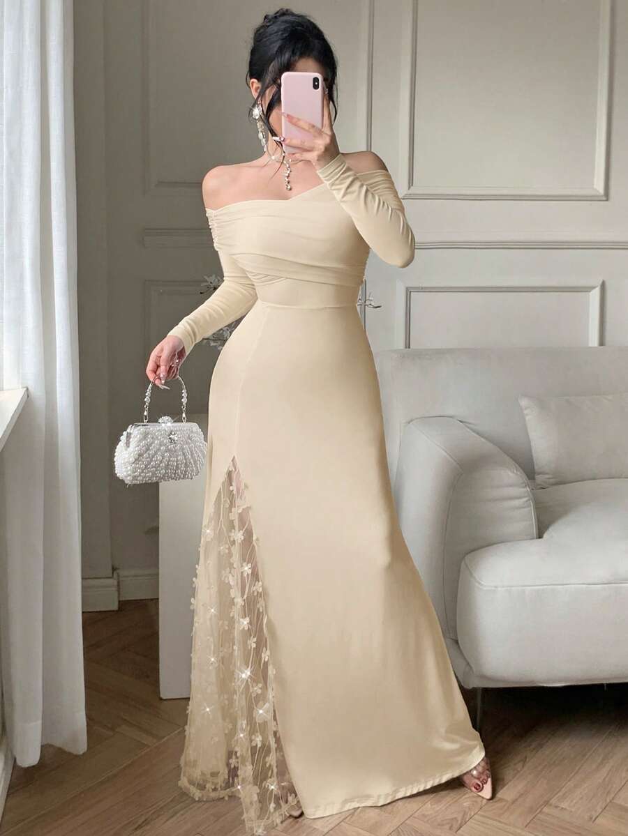 abyoxi 杏色女士长袖露肩修身连衣裙，3D立体花卉图案，网纱拼接，高开衩设计，性感优雅，复古迷人，适合浪漫约会、情人节、新年派对、正式晚宴、春夏秋季穿着。 - 杏色 - 查看 1