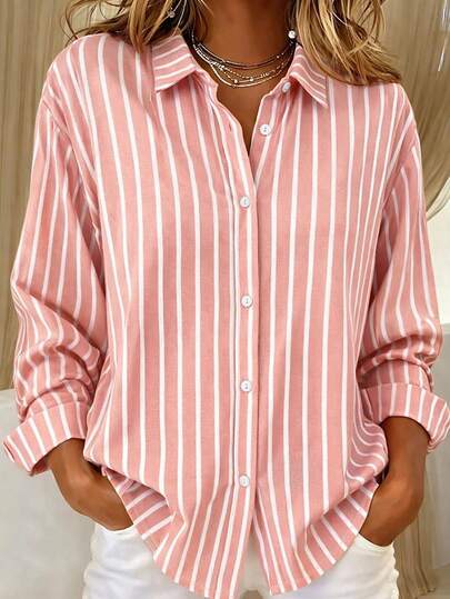 母亲节休闲时尚条纹印花大码女式纽扣长袖衬衫