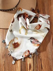 1件装女士时尚牛仔印花西部牛仔风格马头牛头印花围巾，配有牛仔靴、仙人掌、马蹄铁、五角星吊坠装饰，百搭日常佩戴 - 彩色 - 查看 5