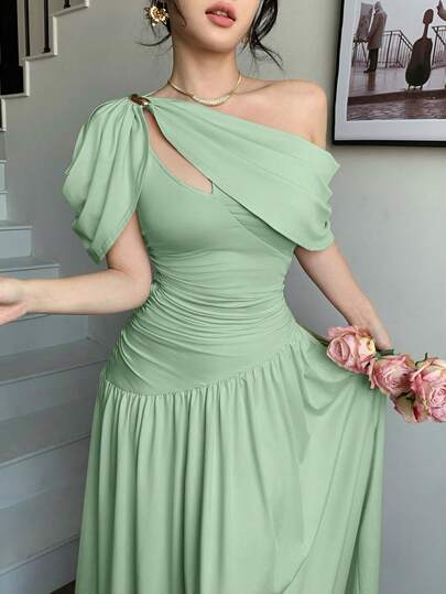 abyoxi فستان ماكسي مناسب للحفلات والمناسبات الرسمية، مصنوع من قماش مرن وملائم للربيع والصيف، بتصميم مطوي عند الخصر وقصة واسعة من الأسفل، باللون الأخضر الداكن، أنيق وعصري