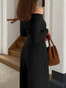 时尚优雅褶皱露肩设计长袖阔腿连体裤，新款春夏女式连体裤 - 黑色 - 查看 4