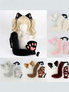 3件套可爱猫咪套装，包括蝴蝶结、铃铛、猫耳朵头箍，营造活泼氛围的直播服装道具、角色扮演配饰、猫咪手套 - 彩色 - 查看 1