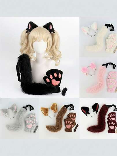 3件套可爱猫咪套装，包括蝴蝶结、铃铛、猫耳朵头箍，营造活泼氛围的直播服装道具、角色扮演配饰、猫咪手套