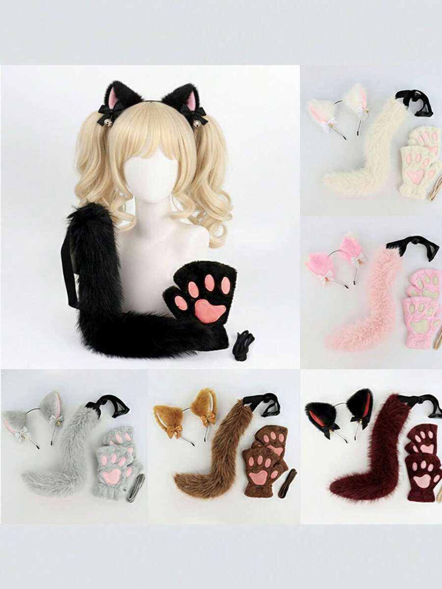 3件套可爱猫咪套装，包括蝴蝶结、铃铛、猫耳朵头箍，营造活泼氛围的直播服装道具、角色扮演配饰、猫咪手套 - 彩色 - 查看 1