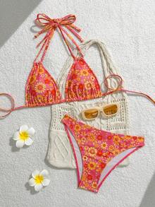 复古印花三角比基尼套装，经典挂脖设计，活力假期 - 彩色 - 查看 1