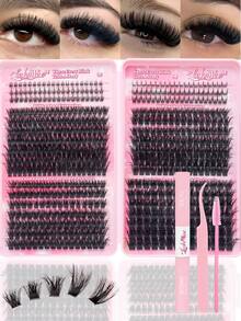 1164pcs/582pcs DD-Curl Eyelash Cluster, 80D+100D+120D+150D High Capacity DIY Eyelash Extension Kit With Lower Lashes, Suitable For Beginners, Russian Volume Lashese, Mixed Single Lash Styles, DIY Lash Clusters, Create Charming Eyes Easily At Home, Lash Glue, Tweezers & Brush Included, Essential Makeup, Large Capacity Eyelash Set, Perfect For Cosplay, Wedding, Gala, Stage Makeup, And Special Occasions,  Lash Clusters Kit, Lashes, Eyelashes, Fake Lashes - 粉色 - 查看 2