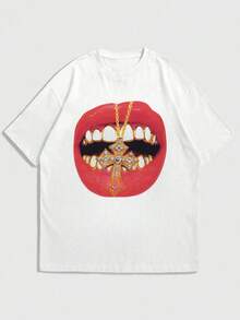 Fractyr Camiseta de cuello redondo de uso casual y holgado con estampado de labios con rhinestones para hombre, verano - Blanco - Ver 4