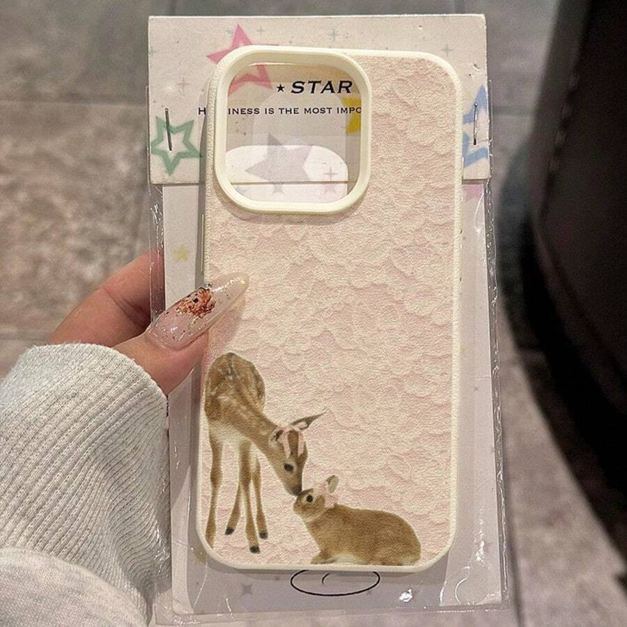 1个TPU材质粉色蕾丝鹿兔图案手机壳，兼容苹果17 Pro Max/17/16 Pro Max/15/13/12/11、S20 FE/A15/S24/A55、Note 11/Note 12/Note 13 Pro，全包防摔软保护套 - 白色 - 查看 1