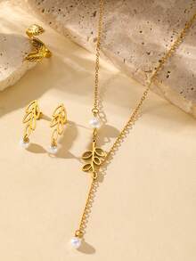 4件套不锈钢树形首饰套装，优雅清新百搭简约时尚，树叶珍珠耳环+戒指+项链套装，适合女性日常佩戴，亦可作为礼物。 - 項鍊+耳環+戒指 - 查看 1