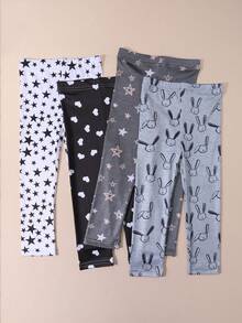 Bộ 4 quần legging in hình thỏ và sao cho bé gái, quần ống lửng trang trí hình trái tim, trang phục thoải mái thường ngày, thích hợp cho mùa xuân/hè. - Nhiều màu - Xem 8